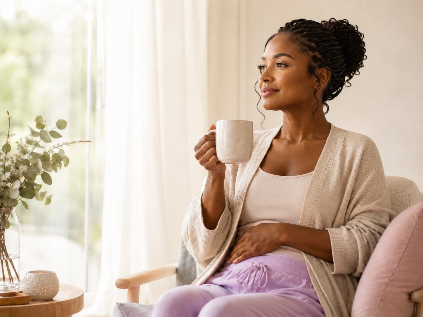 Femme sereine prenant soin d'elle avec une tasse chaude