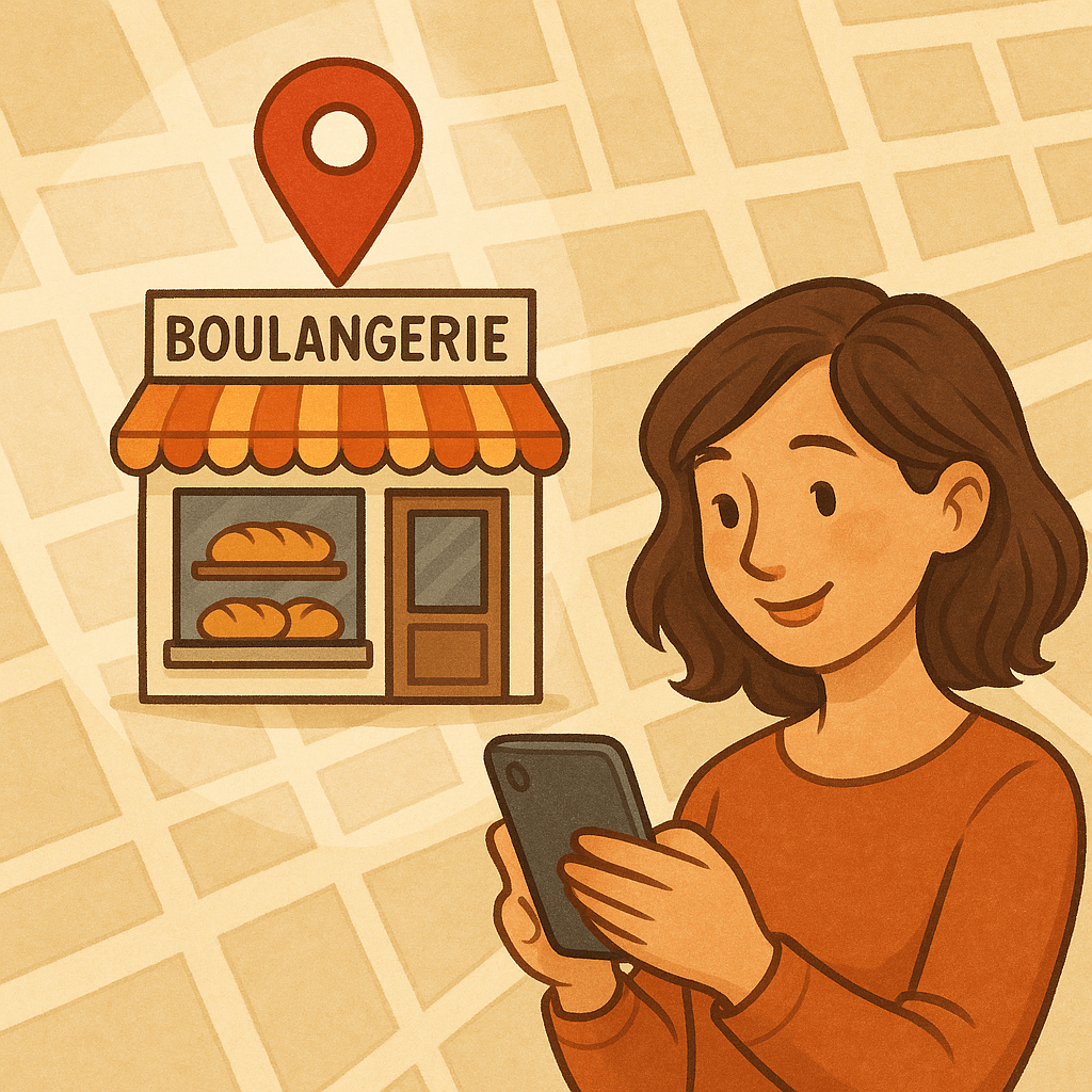 Illustration d'une cliente consultant son smartphone pour localiser une boulangerie sur une carte, symbole de la visibilité locale des commerces de proximité