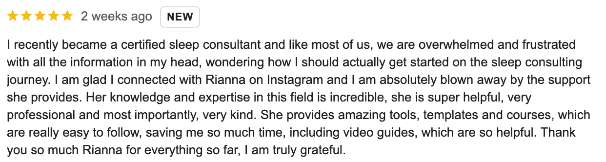 Testimonial "as a new sleep consultant i must say that this website is probably one of the most helpful things you can use to start your business."