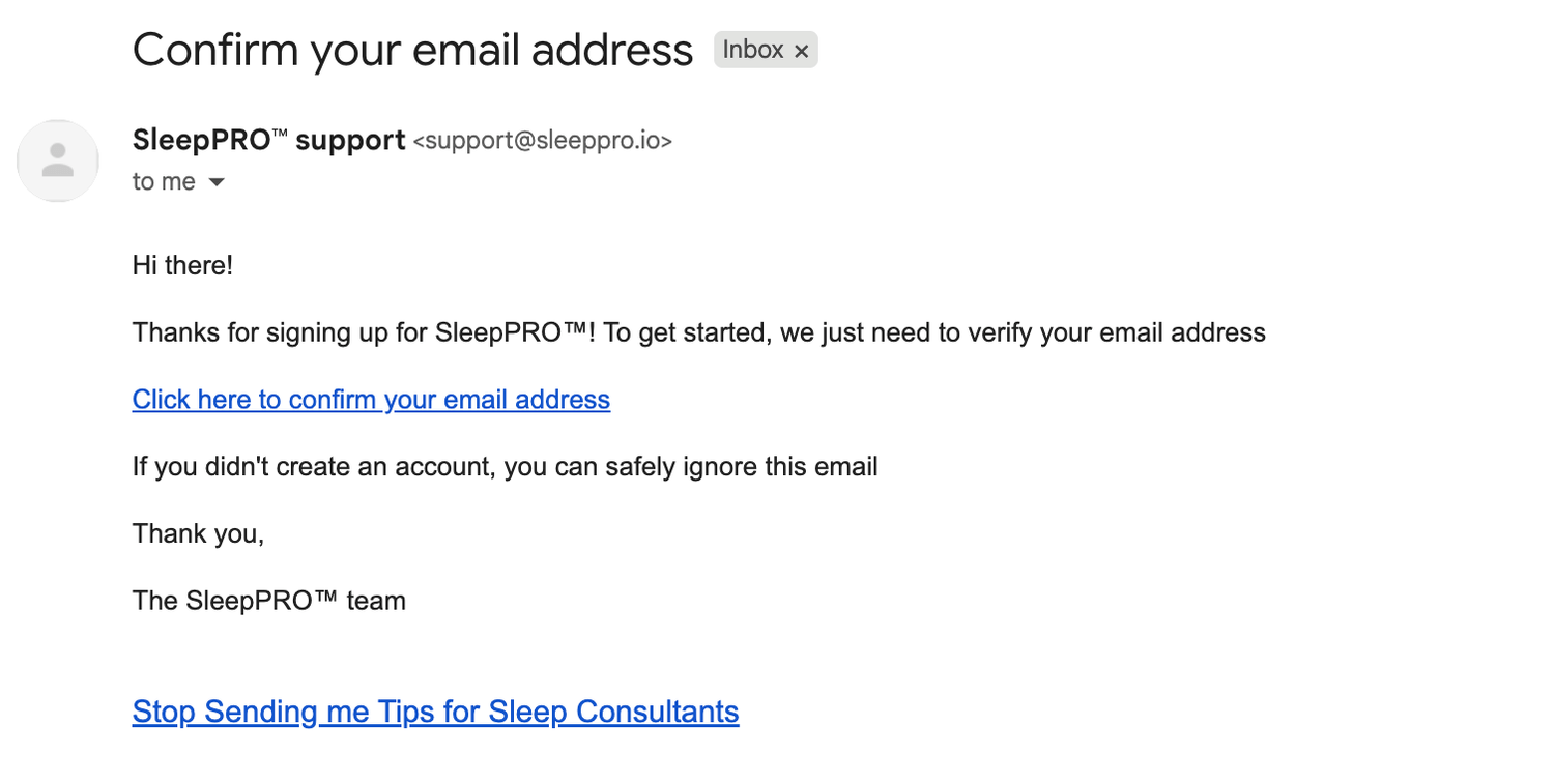 Confirmation email from SleepPRO support showing a blue confirmation link
