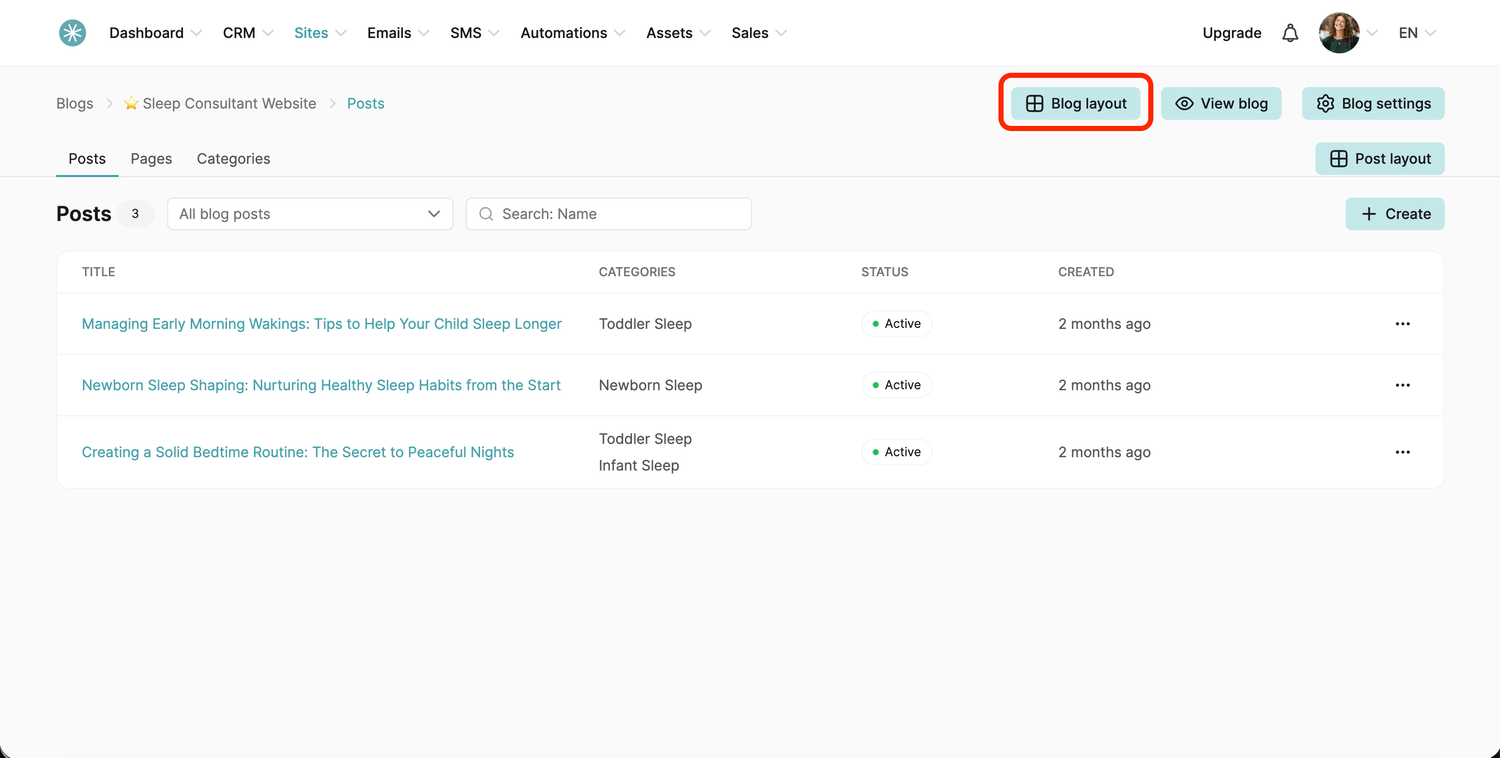 The blog layout editor
