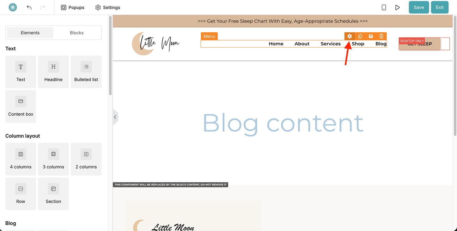 Menu settings in the blog layout editor