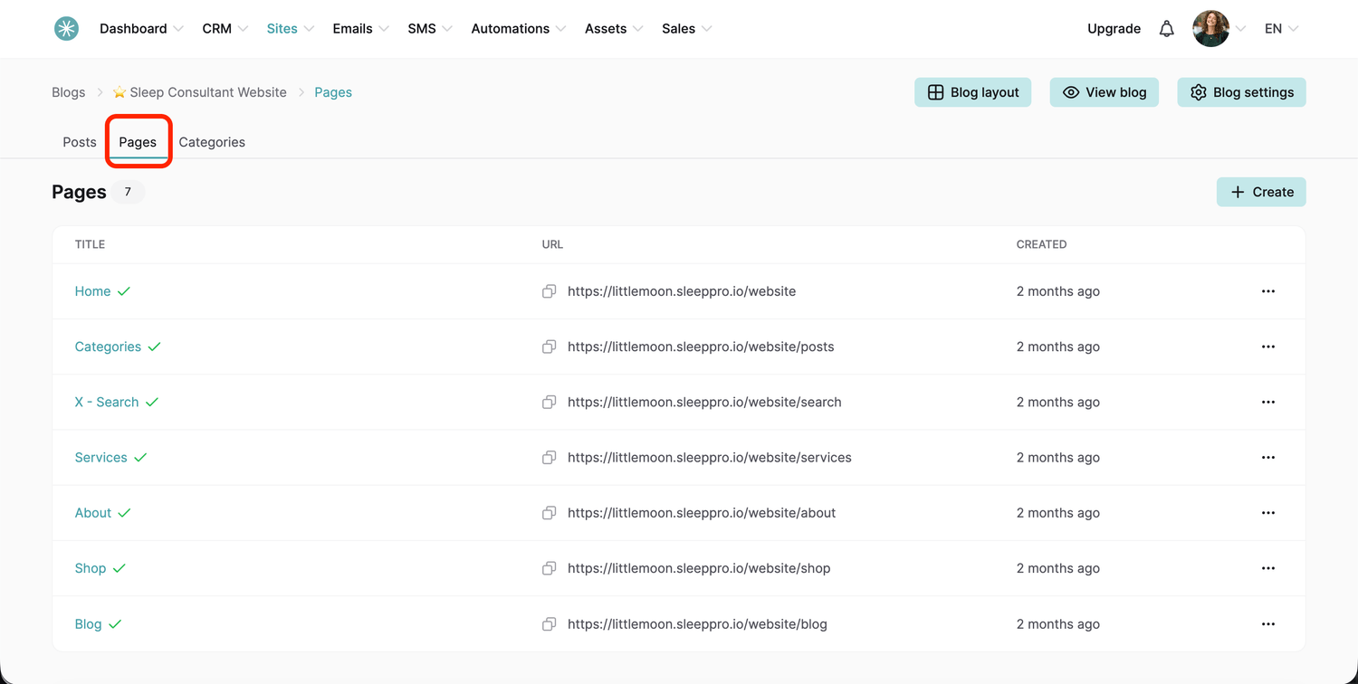 The Pages section of your blog