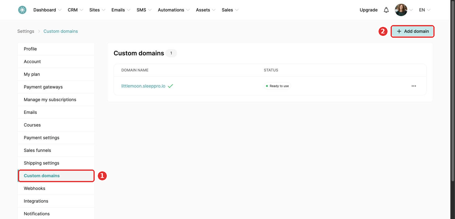 The Custom domains page with the Add domain button
