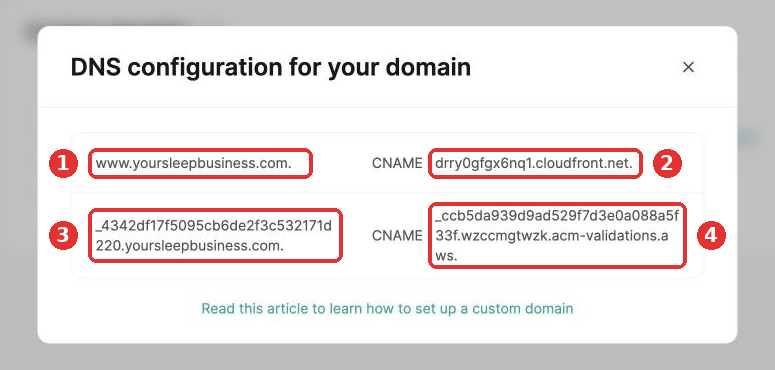 The DNS configuration popup with the four codes