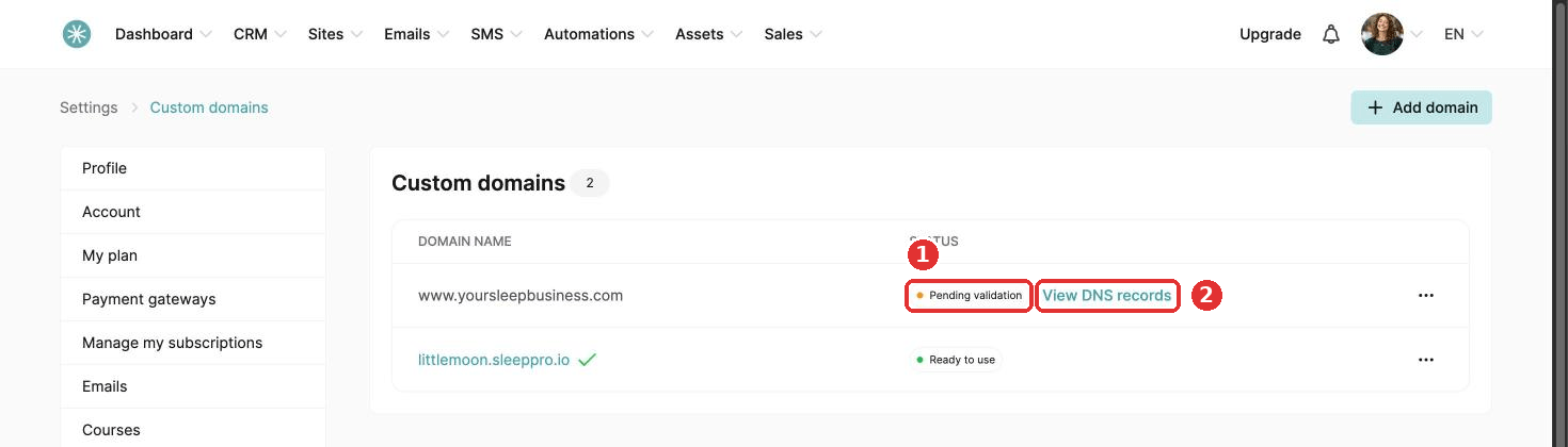 The Pending validation status and the View DNS records link