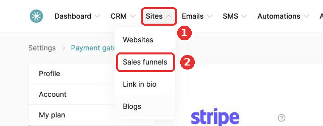 Sales funnels in the Sites menu