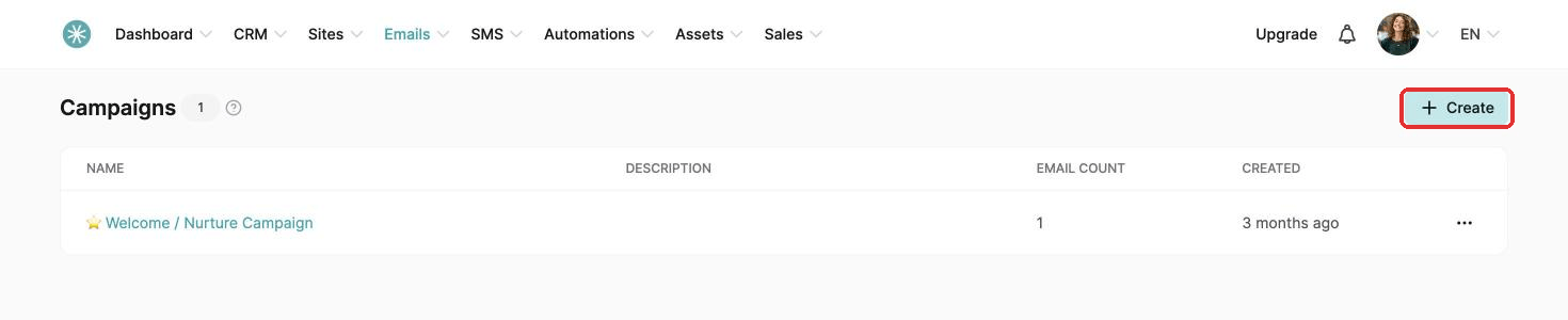 The Create button on the Campaigns page