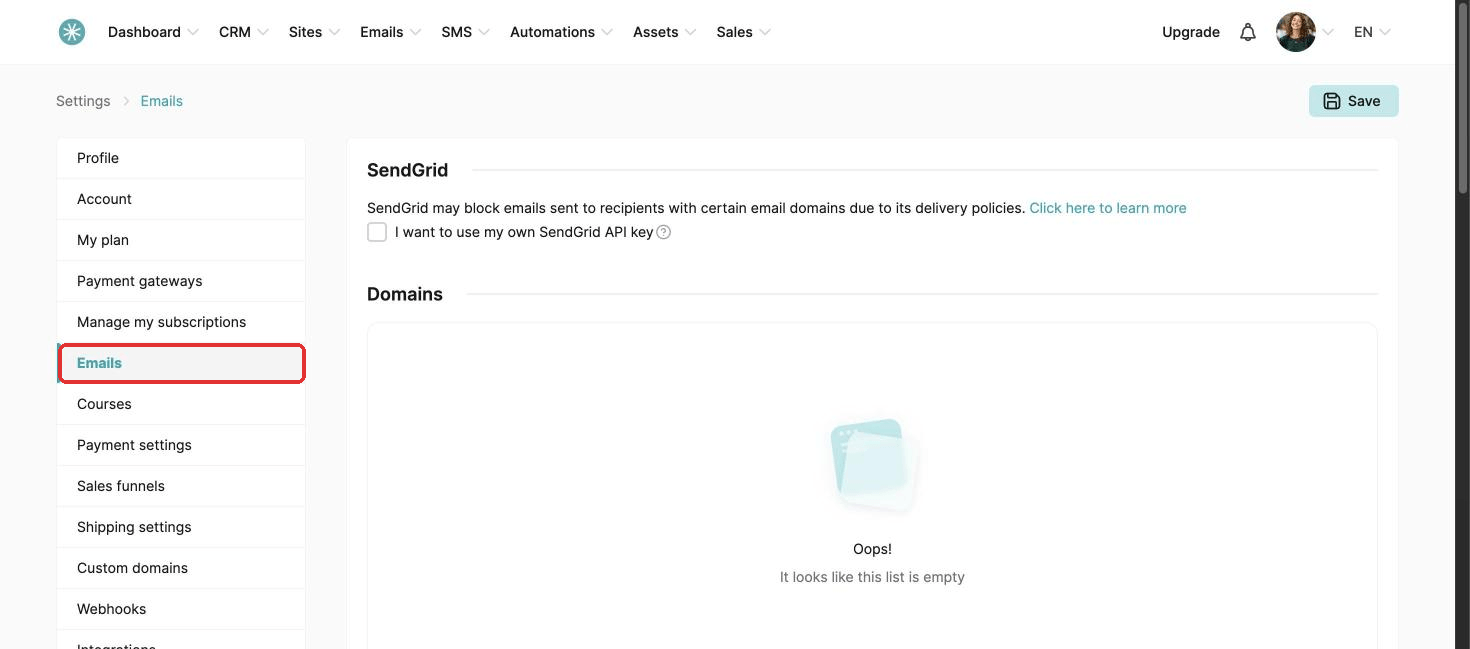Emails in the Settings menu