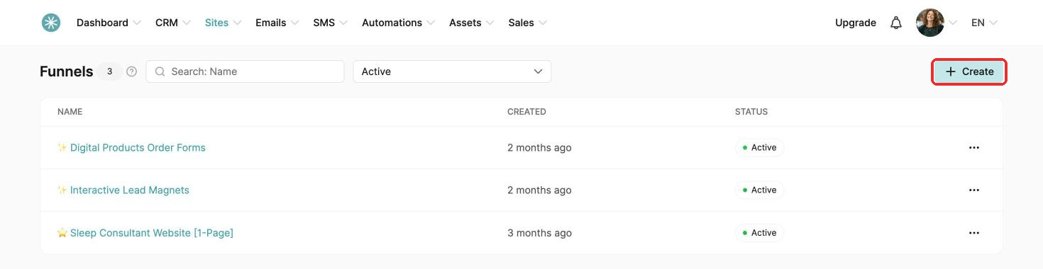 The Create button on the Funnels page