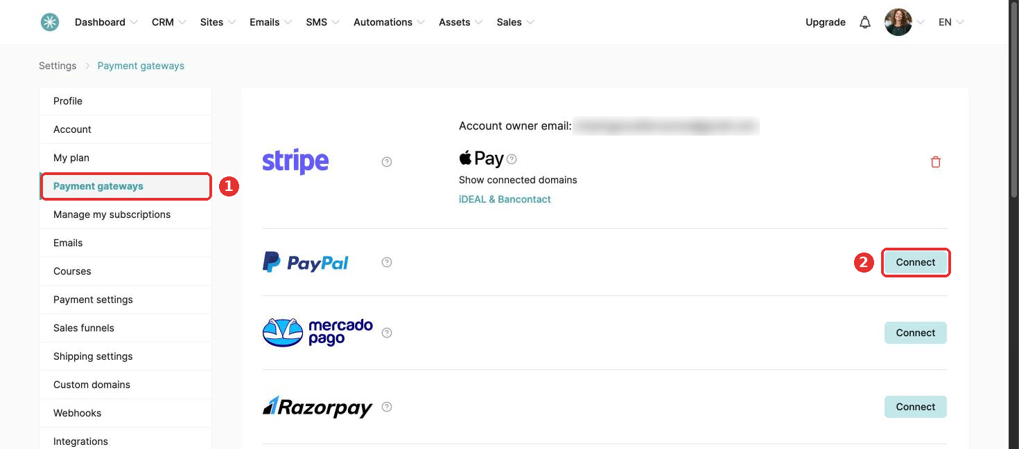 Connect next to PayPal in Payment gateways