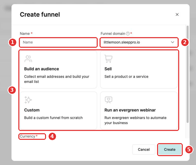 The Create funnel popup