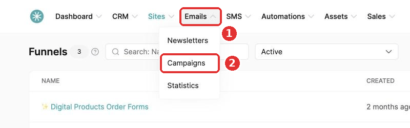 Campaigns in the Emails menu