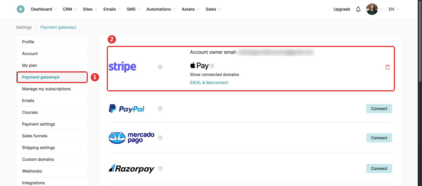 Stripe connected in Payment gateways