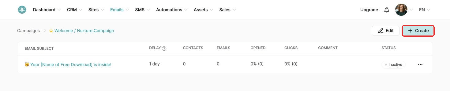 The Create button inside your campaign