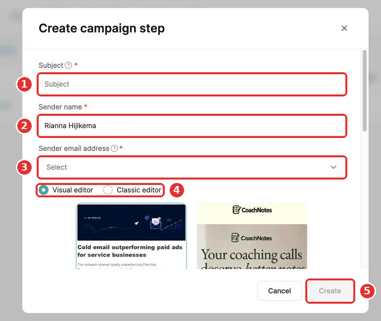 The Create campaign step popup