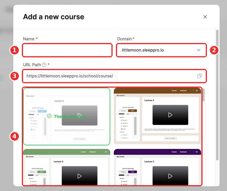 The Add a new course popup