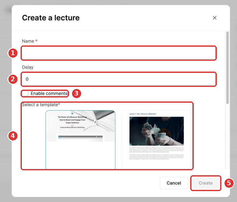The Create a lecture popup