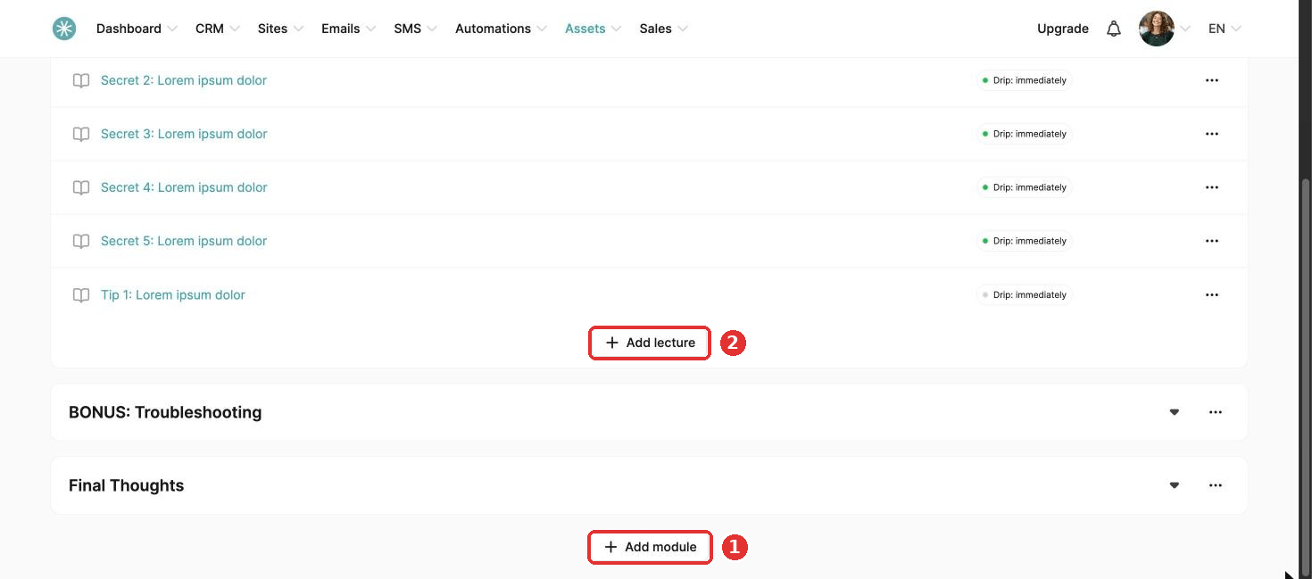Add module (1) and Add lecture (2) in your course