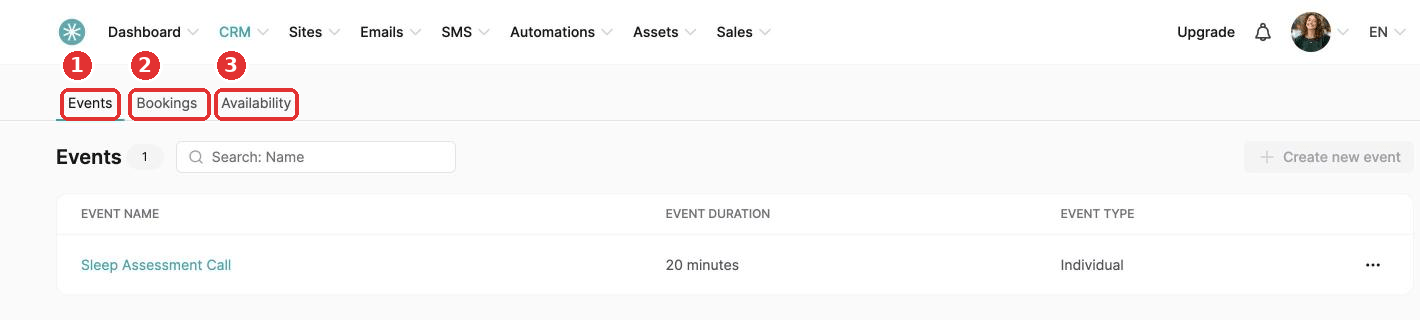 The Events, Bookings and Availability tabs