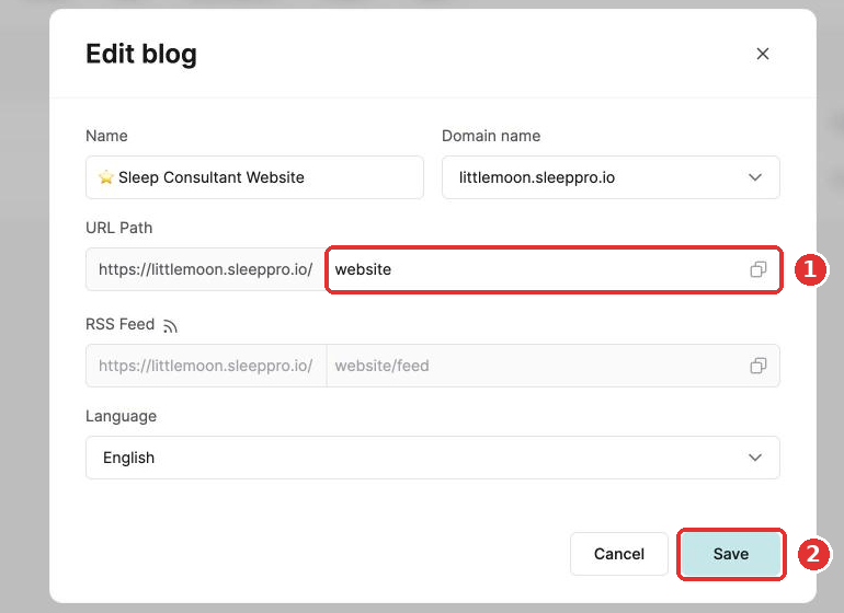 The URL path field and the Save button