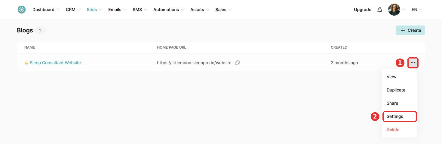 Settings in the blog options menu