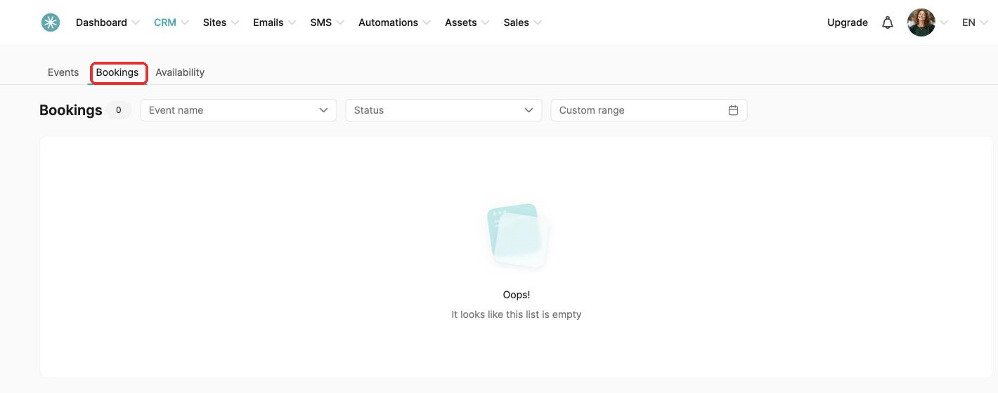 The Bookings tab