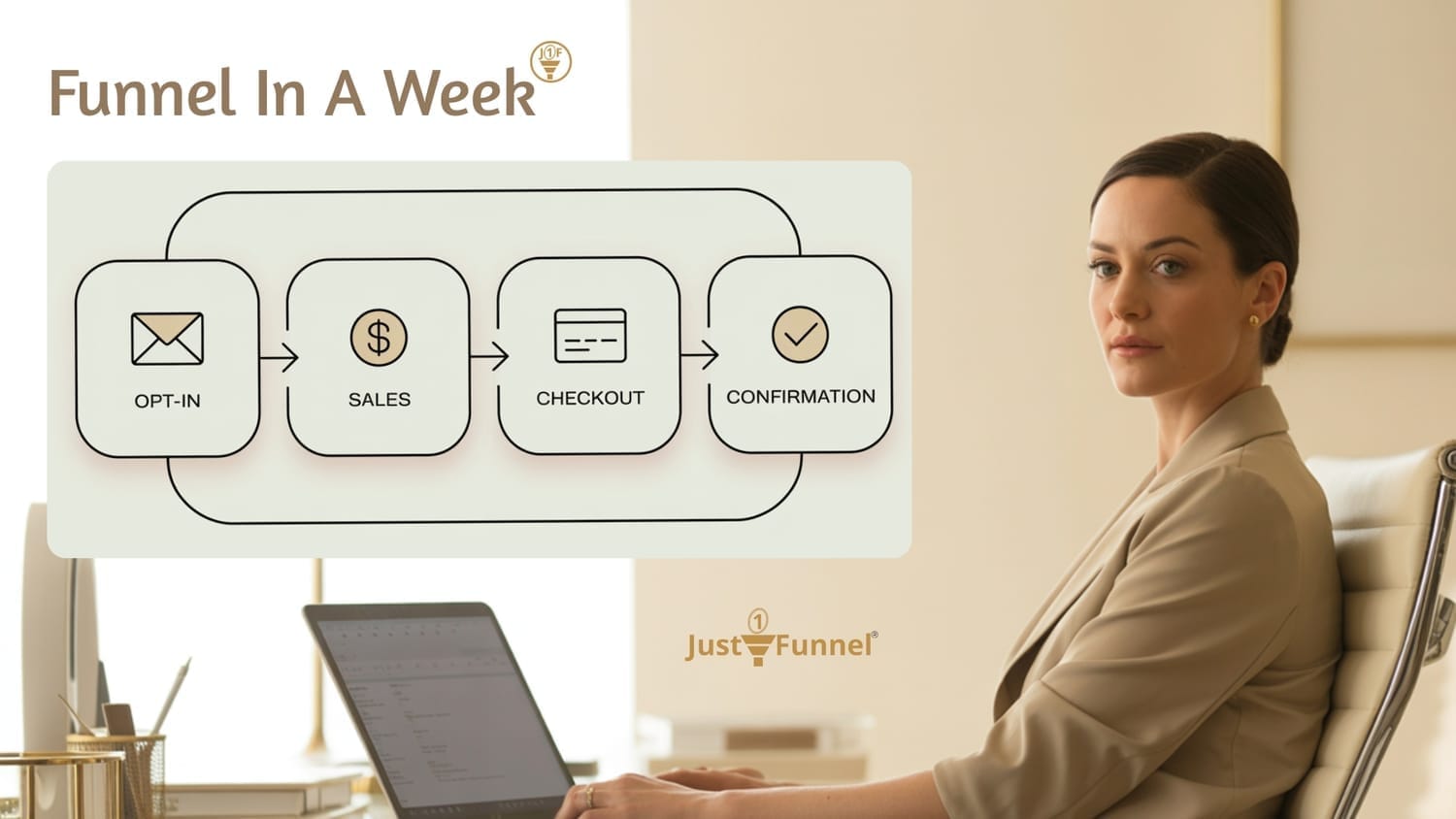 Female Solopreneur working at a laptop with the Funnel In A Week process diagram on screen