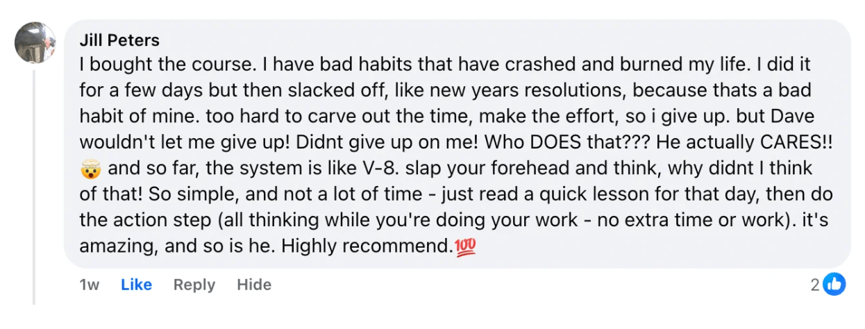 Facebook testimonial from Jill Peters