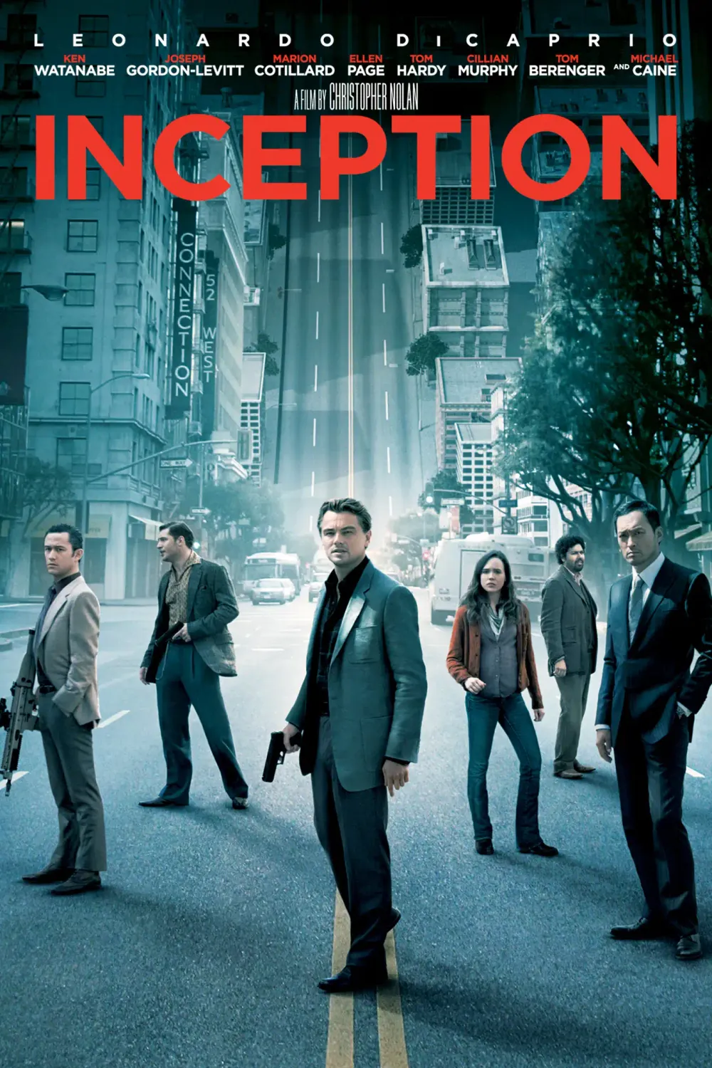 Locandina di Inception: Leonardo DiCaprio e la squadra in una strada di città, con i palazzi che si piegano verso il cielo