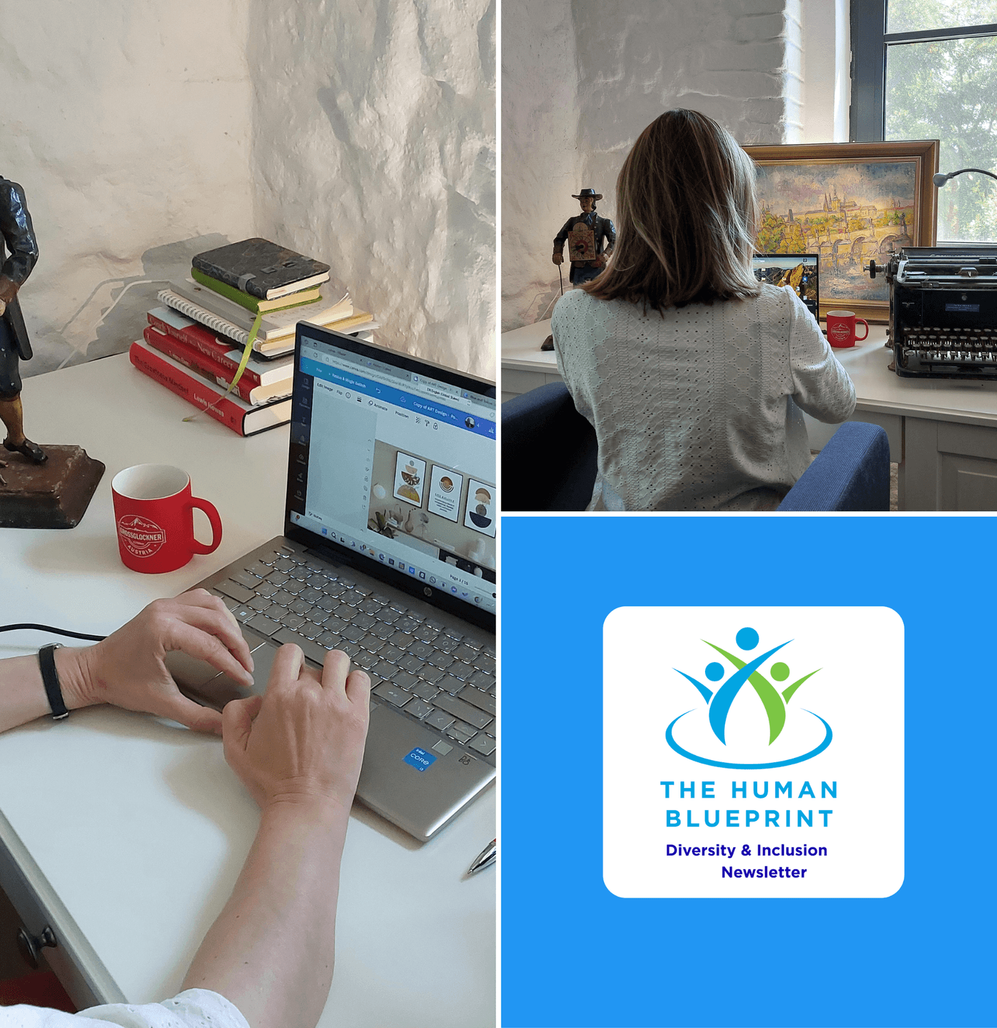 A collage of 2 pictures of a woman working at office desk and a graphic logo of her work 