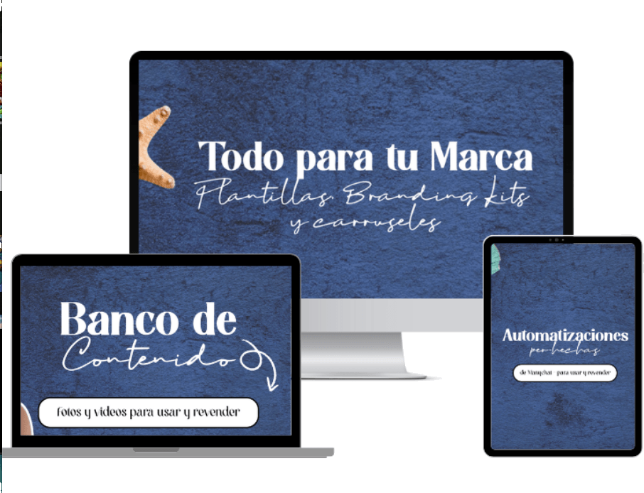 Mockup de recursos: Todo para tu Marca, Banco de Contenido y Automatizaciones perfectas en pantallas