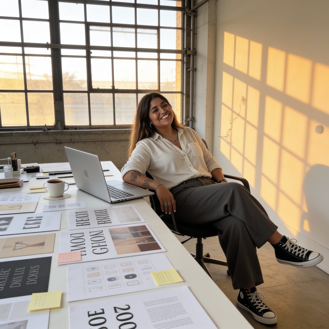 Gisella relajada y sonriendo en su estudio con luz dorada, con zapatillas negras