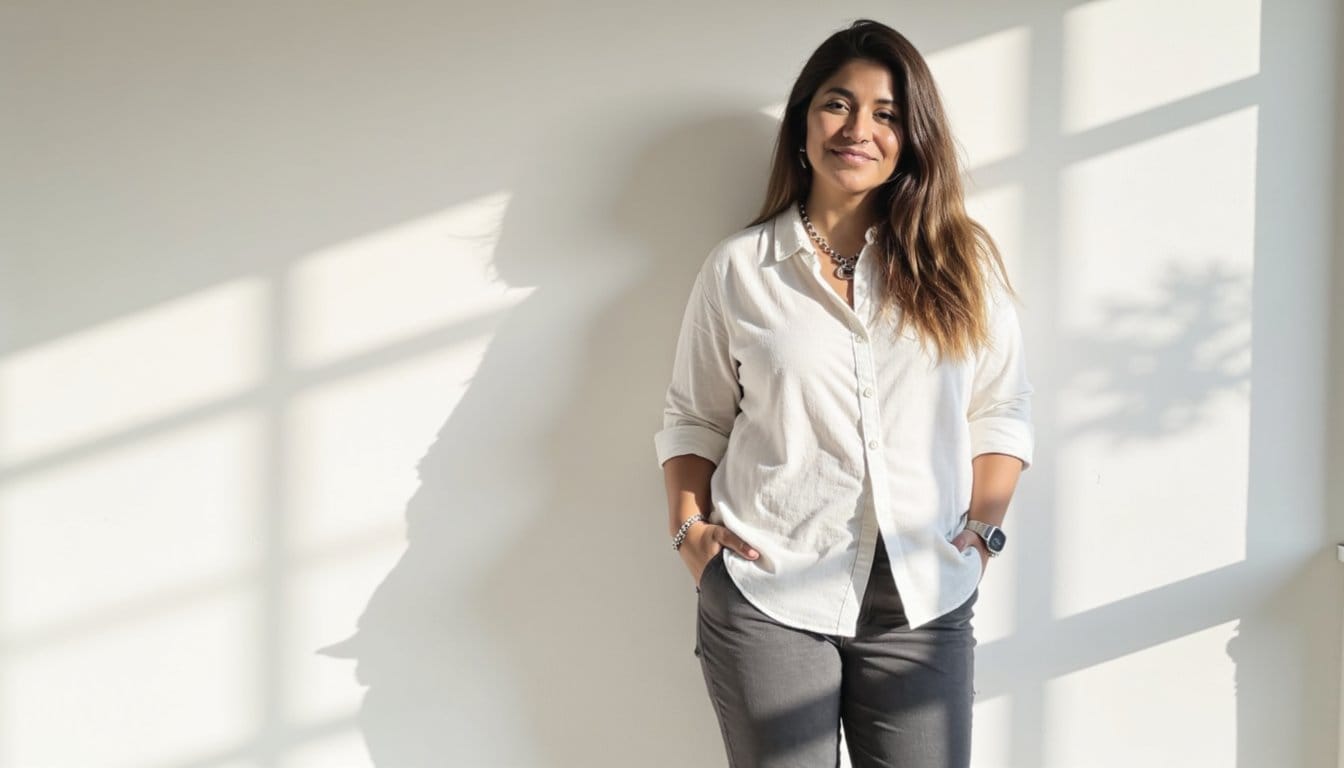 Retrato de Gisella con camisa blanca, apoyada en una pared con sombras de ventana