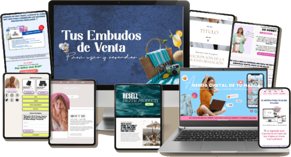 Mockup de Tus Embudos de Venta: plantillas de páginas en laptop, tablet y celular