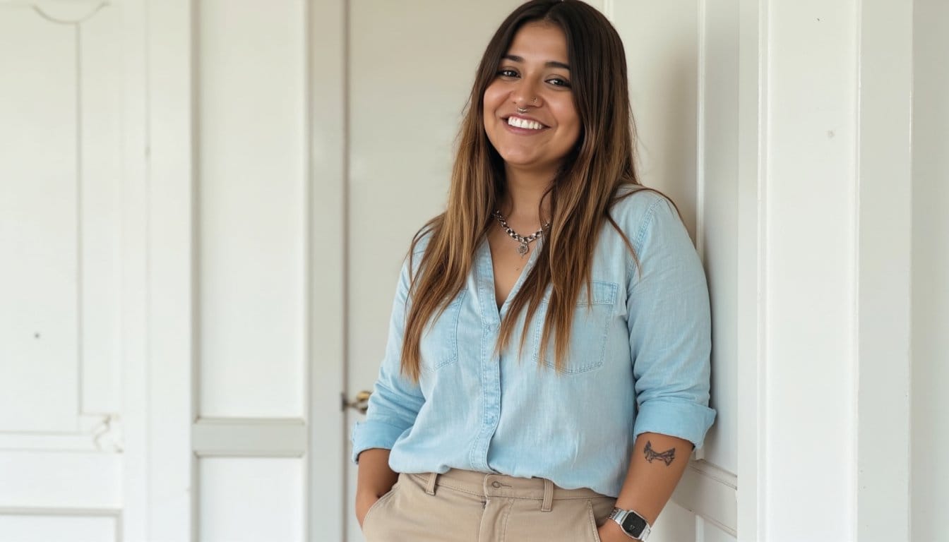 Gisella sonriendo con camisa celeste, apoyada en una puerta blanca