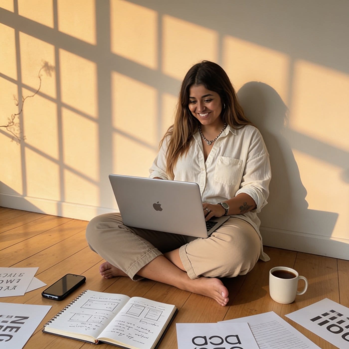 Gisella sentada en el piso con su laptop y un café, sonriendo bajo la luz de la tarde