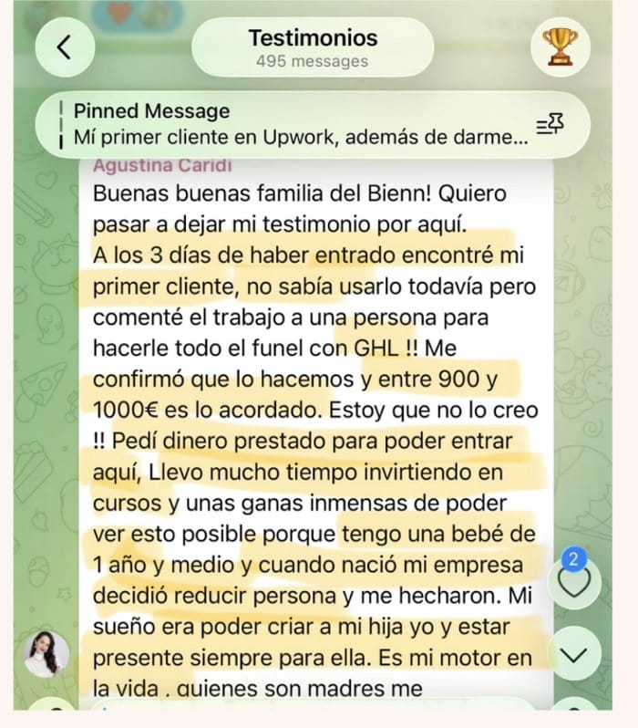 Mensaje de Agustina contando que consiguió su primer cliente a los 3 días