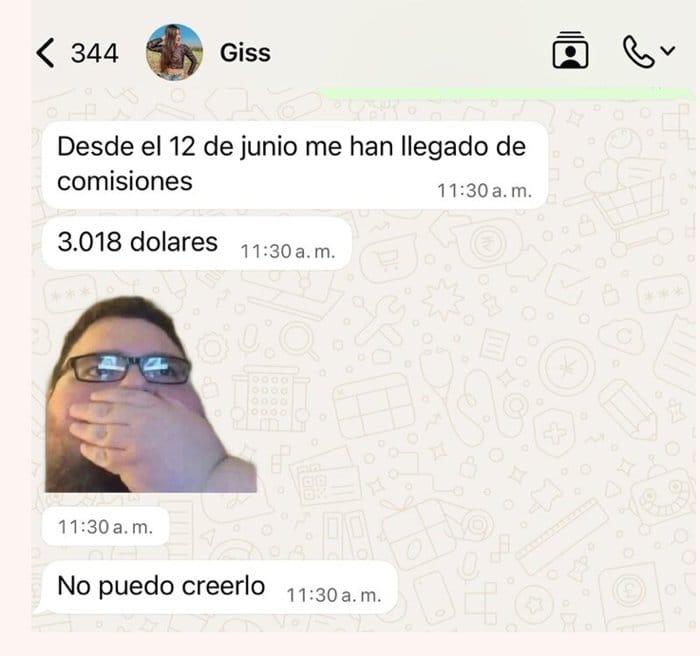 Chat de Giss contando que recibió 3018 dólares en comisiones