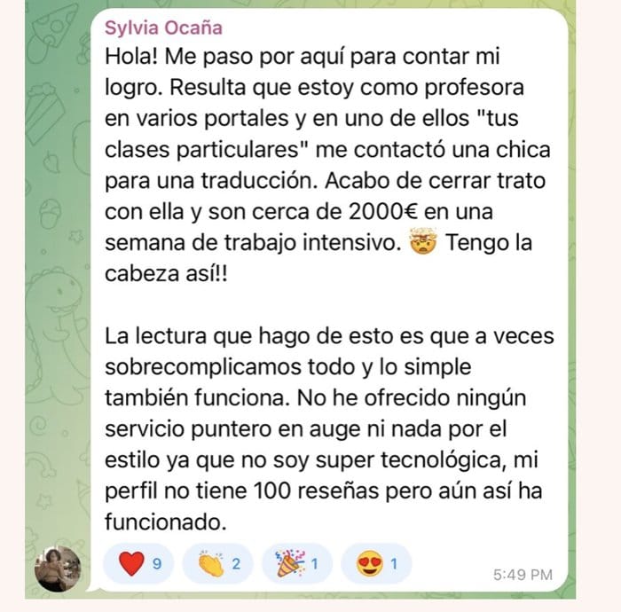 Mensaje de Sylvia contando que cerró una traducción de cerca de 2000 euros por una semana de trabajo