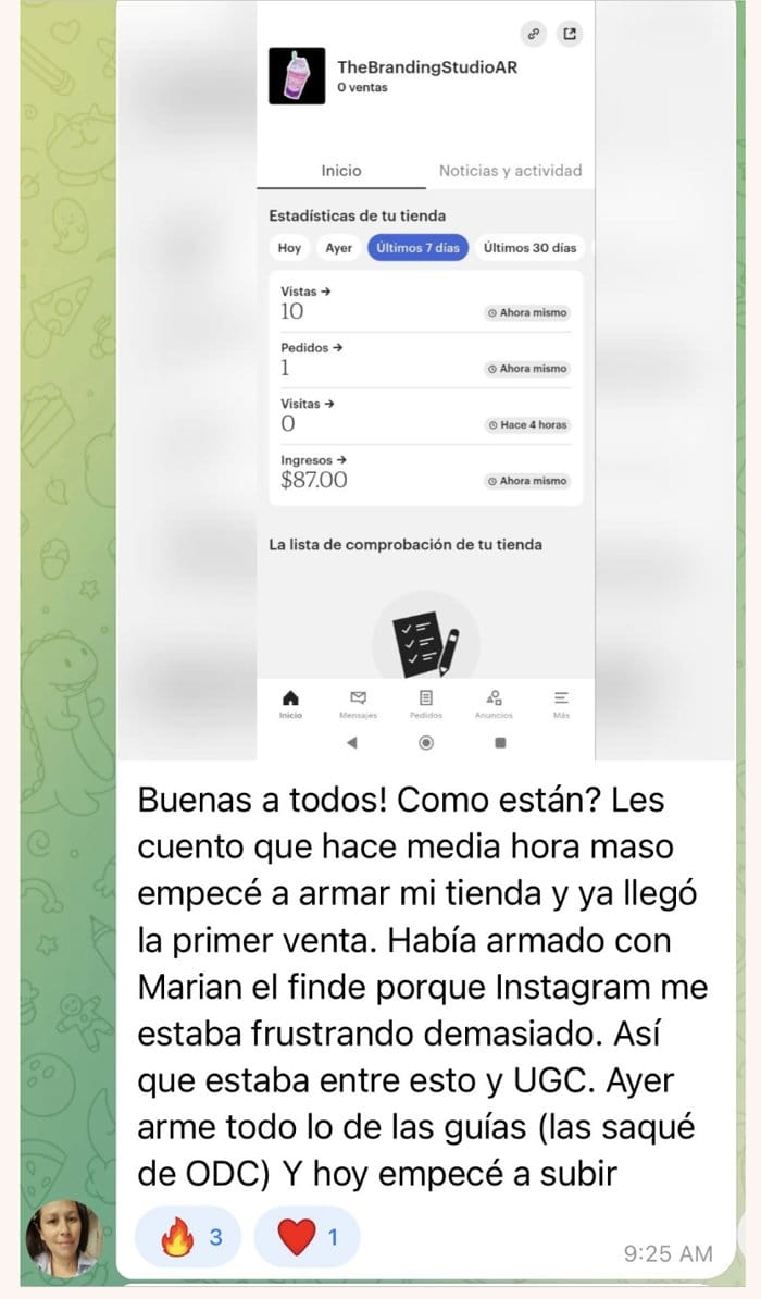 Mensaje de Yesi con la captura de su primera venta en Etsy