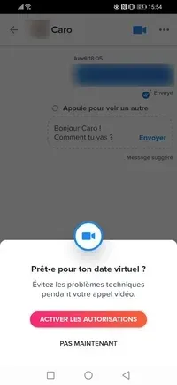 Messagerie Tinder : activer les autorisations pour le face to face ou appel vidéo