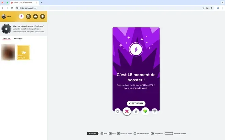Algorithme de Tinder : moment où est proposé le boost