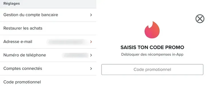 Où mettre le code promo Tinder