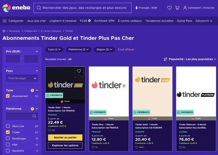 Code promo et réduction Tinder sur Eneba