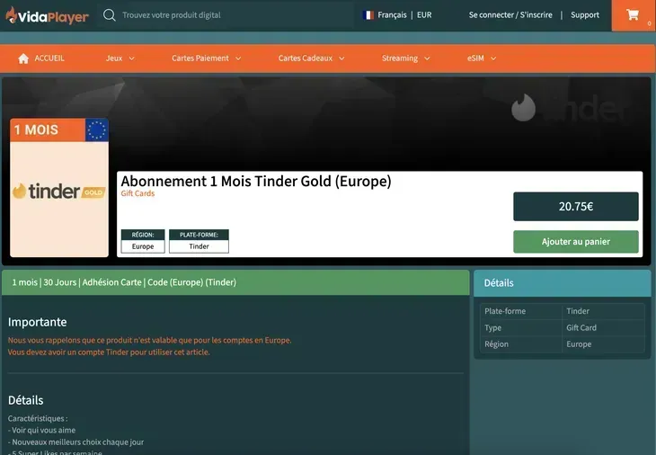 Code promo et réduction Tinder sur Vidaplayer