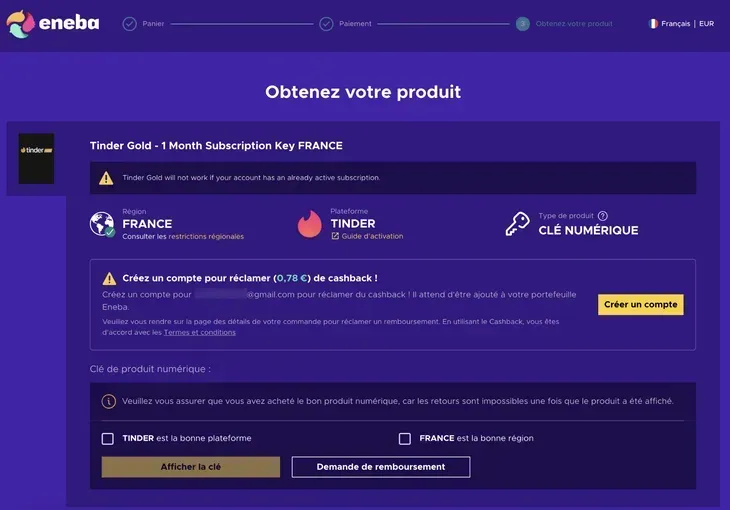 Code promo et réduction Tinder sur Eneba : achat d'une clé de licence numérique