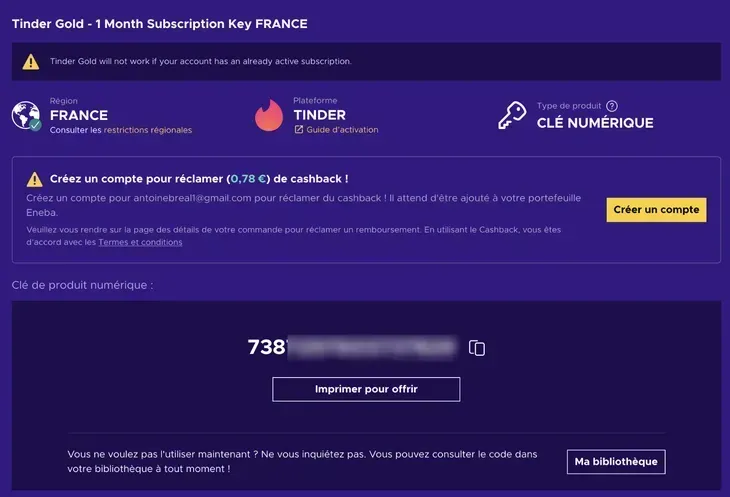 Code promo et réduction Tinder sur Eneba : clé de licence numérique