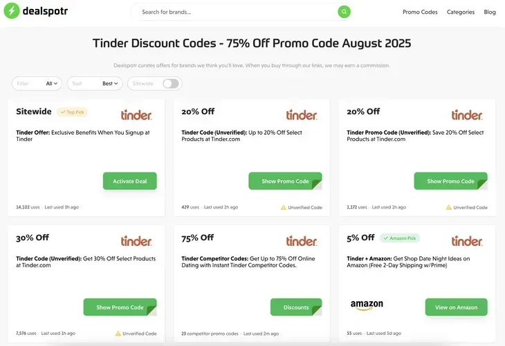 Code promo et réduction Tinder sur Dealspotr