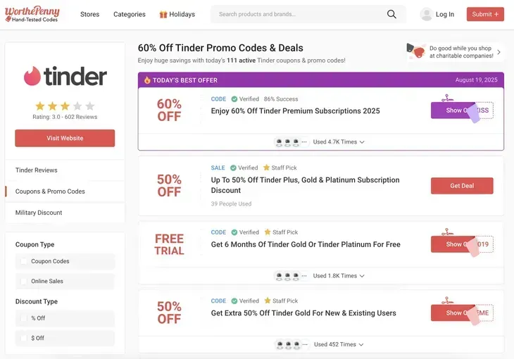Code promo et réduction Tinder sur WorthPenny